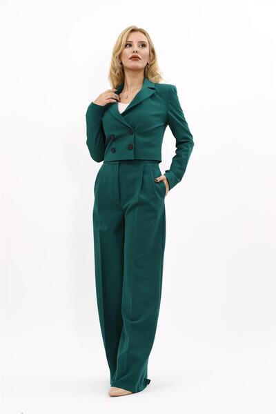 ÖNDER ÖZSOY Mini Blazer Ceket & Yüksek Bel Pileli Bol Paça Pantolon Takım-Zümrüt