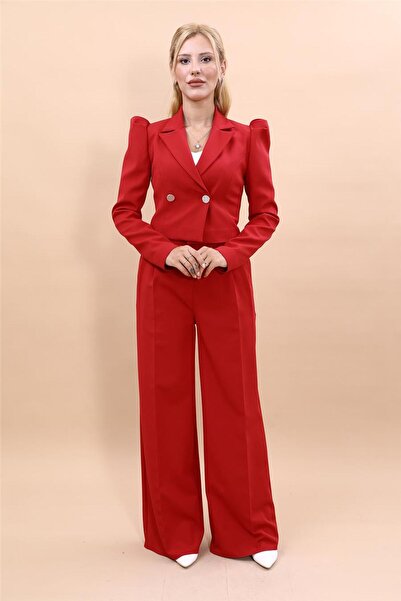ÖNDER ÖZSOY Drape Ceket & Yüksek Bel Pileli Bol Paça Pantolon Takım-Kırmızı