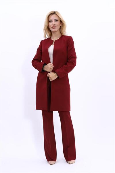 ÖNDER ÖZSOY Sıfır Yaka Düz Uzun Ceket & İspanyol Paça Pantolon-Bordo