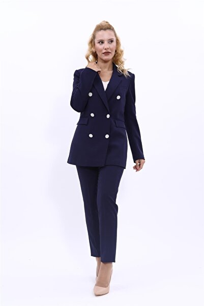 ÖNDER ÖZSOY Erkek Yaka Kuruvaze Blazer Ceket & Dar Paça Pantolon-Lacivert - 1...
