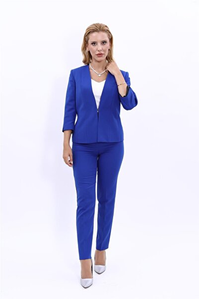 ÖNDER ÖZSOY V-Neck Cropped Jacket & Skinny Leg Pants-Cobalt blue - 1016510