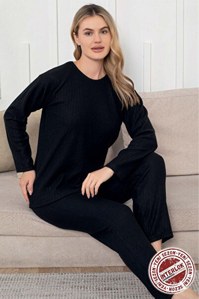 Farya Home Set de pijamale tricotate cu mâneci lungi, cu dungi interlock, pentru iarnă