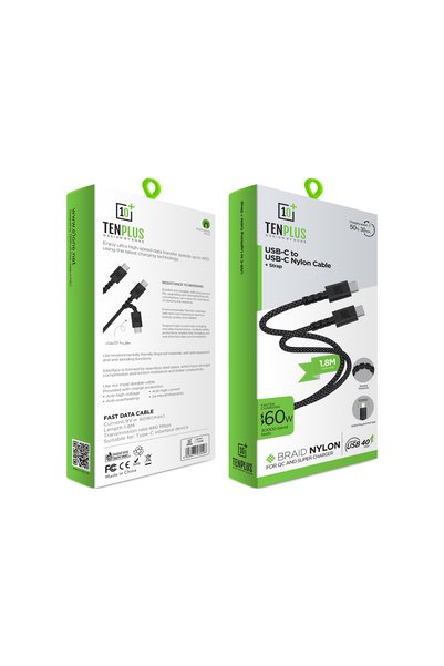 TENPLUS كابل تايب سي قماشي 1.8 متر سريع الشحن 60W من TEN PLUS