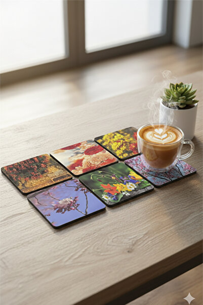 SihirliEkran Decorative Coaster, Floral Pattern, Doodle Character, Cartoon Character, Istanbul and Cat Patterned Cup