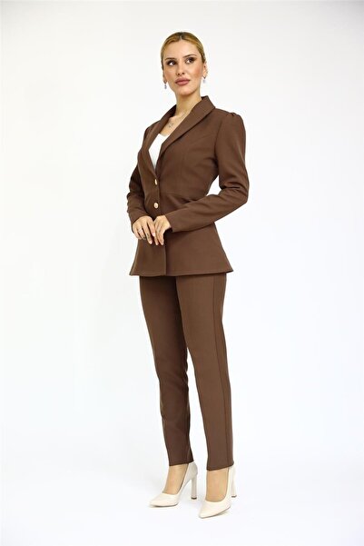 ÖNDER ÖZSOY Midi Boy Drape Kol Ceket & Boru Paça Pantolon Takım-Kestane