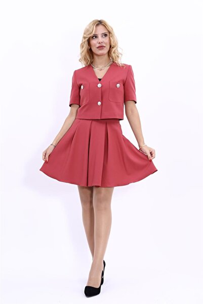 ÖNDER ÖZSOY V Yaka Kısa Ceket & Kısa Kloş Etek-Kiremit