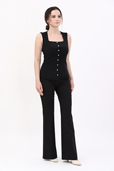 ÖNDER ÖZSOY Boydan Düğmeli Yelek & Ispanyol Paça Pantolon Takım-siyah