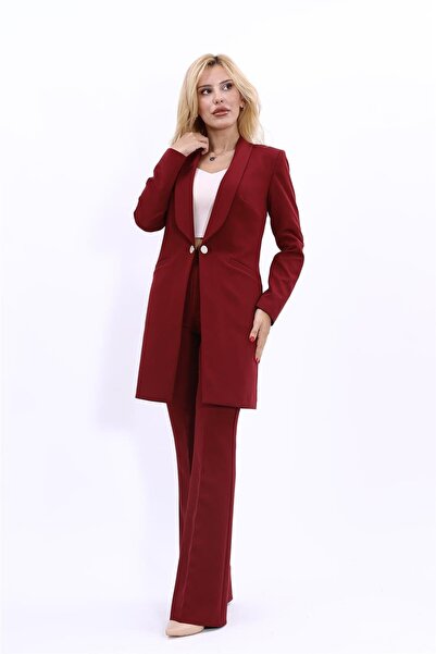 ÖNDER ÖZSOY Shawl Collar Pocketed Long Jacket & Spanish Flare Trousers-Burgun...