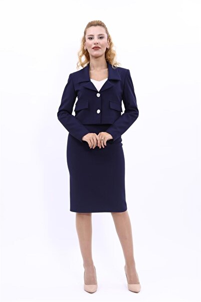ÖNDER ÖZSOY Düşük Yaka Mini Ceket & Kalem Etek Takım-Lacivert