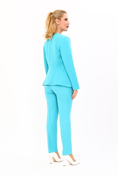 ÖNDER ÖZSOY Oval Yaka Yandan Kuplu Klasik Ceket & Dar Paça Pantolon-Turkuaz