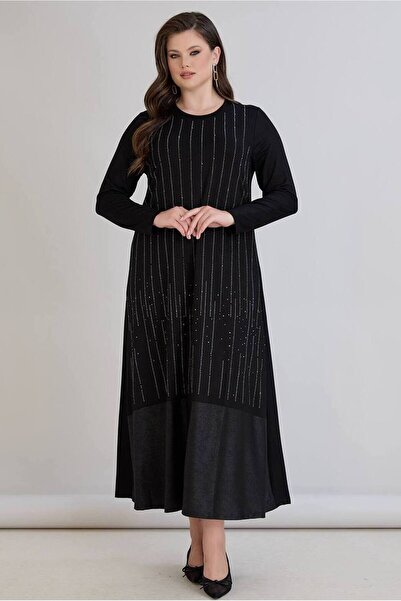 FOR ESRA BIG TREND Γυναικείο φόρεμα μεγάλου μεγέθους με πέτρινες ρίγες, δερμάτινη εμφάνιση, μακρυμάνικο, με λαιμόκοψη, ελαστικό μάξι φόρεμα από βισκόζη