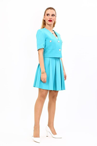 ÖNDER ÖZSOY V Yaka Kısa Ceket & Kısa Kloş Etek-Turkuaz