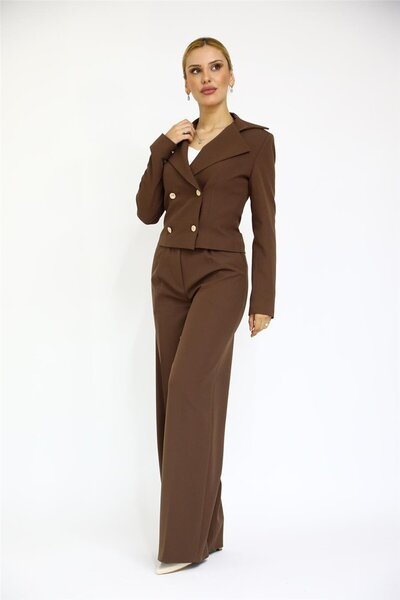 ÖNDER ÖZSOY Trenç Yaka Ceket & Yüksek Bel Bol Paça Pantolon Takım-Kestane
