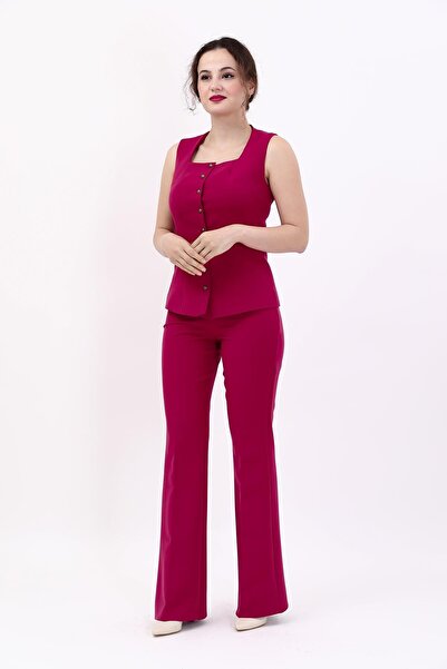 ÖNDER ÖZSOY Boydan Düğmeli Yelek & Ispanyol Paça Pantolon Takım-bordo