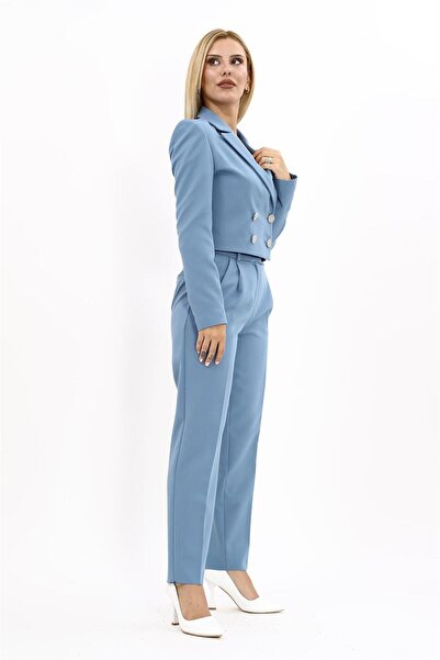 ÖNDER ÖZSOY Mini Blazer Ceket & Pileli Paça Pantolon Takım-Açık Mavi