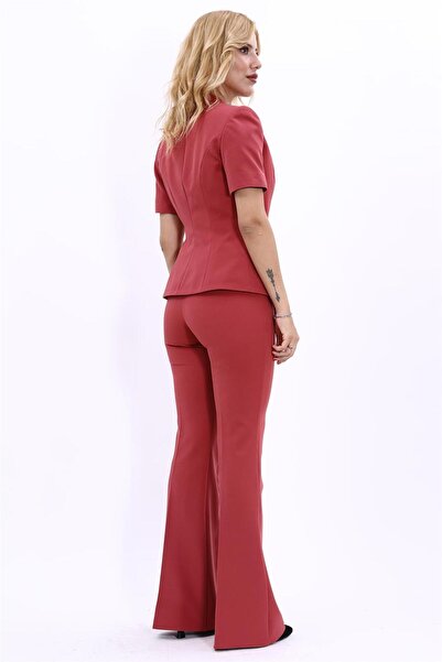 ÖNDER ÖZSOY Hakim Yaka Yandan Tokalı Çapraz Ceket & İspanyol Paça Pantolon-Kiremit