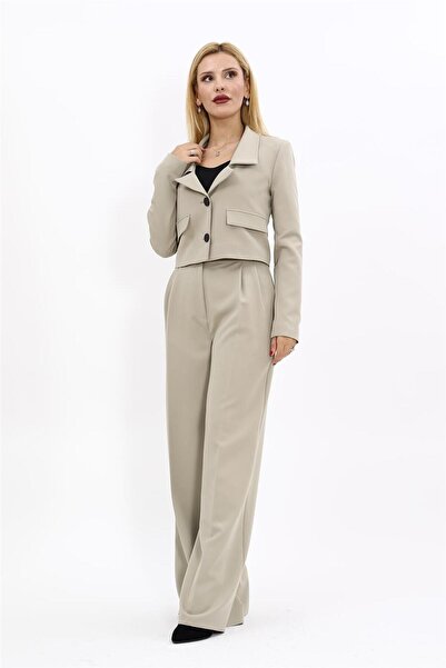 ÖNDER ÖZSOY Gömlek Yaka Kısa Ceket & Korsaj Kemer Yüksek Bel Palazzo Pantolon-Bambu