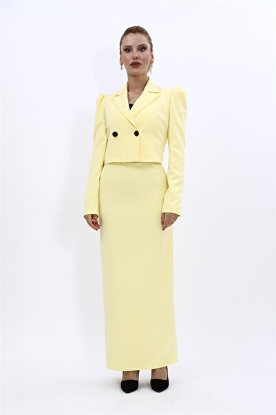 ÖNDER ÖZSOY Shirt Collar Short Jacket & Long Straight Tight Skirt-Yellow - 10...