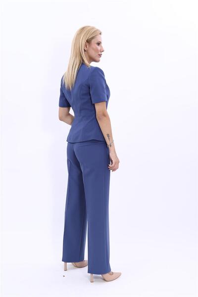 ÖNDER ÖZSOY Tokalı Kısa Kollu Ceket & Bol Paça Pantolon Takım-İndigo