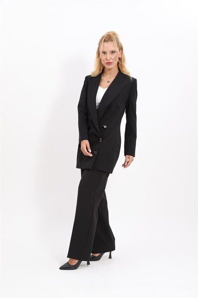 ÖNDER ÖZSOY Uzun Klasik Blazer Ceket & Bol Paça Pantolon Takım-Siyah