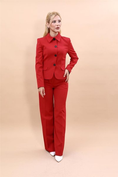 ÖNDER ÖZSOY Peplum Ceket & Yüksek Bel Bol Paça Pantolon Takım-Kırmızı