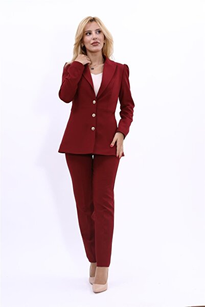 ÖNDER ÖZSOY Midi Boy Drape Kol Ceket & Boru Paça Pantolon Takım-Bordo