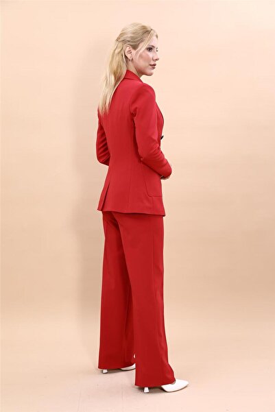 ÖNDER ÖZSOY Cep Torbalı Ceket & Bol Paça Pantolon Takım-Kırmızı