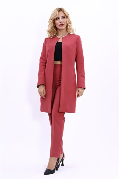 ÖNDER ÖZSOY Sıfır Yaka Düz Uzun Ceket & Dar Paça Pantolon-Kiremit