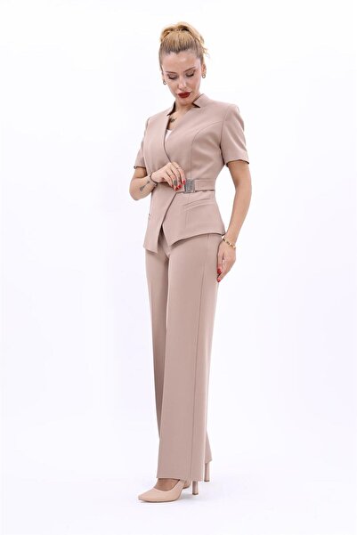 ÖNDER ÖZSOY Tokalı Kısa Kollu Ceket & Bol Paça Pantolon Takım-Taş