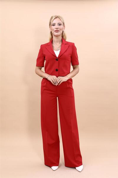 ÖNDER ÖZSOY Kısa Kollu Yakalı Mini Ceket & Yüksek Bel Bol Paça Pantolon Takım-Kırmızı