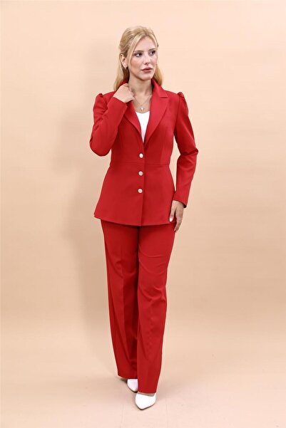 ÖNDER ÖZSOY Midi Boy Drape Kol Ceket & Bol Paça Pantolon Takım-Kırmızı