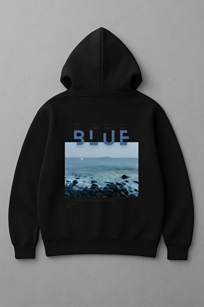 LORVEX سويت شيرت كبير الحجم بطباعة زرقاء