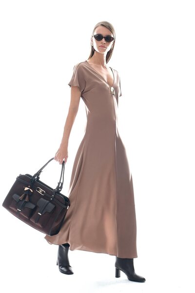 EXPLOSION Saten Gold Aksesuarlı Saten Elbise