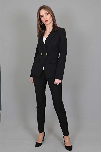 ÖNDER ÖZSOY Kurvaze Çapraz Ceket & Boru Paça Pantolon Takım-siyah