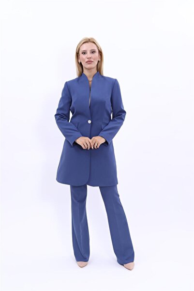 ÖNDER ÖZSOY Kendinden Dik Yakalı Tek Düğmeli Uzun Ceket & İspanyol Paça Pantolon-İndigo