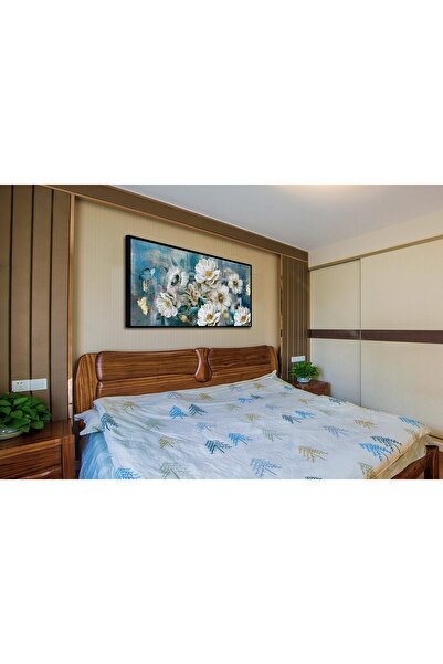 Emoda home Trove لوحة فنية جدارية من القماش بنقشة زهور باللونين الأبيض والفيروزي - 60×120 سم، مطلية بورق ذهبي، مناسبة للمنزل والمكتب