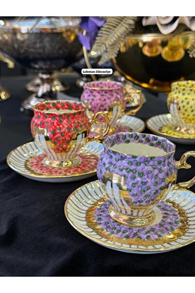 LOKMAN ZÜCCACİYE 6 KİŞİLİK EL BOYAMA 24K ORJİNAL ALTIN YALDIZLI RENKLİ KAHVE FİNCAN TAKIMI (MODEL4)