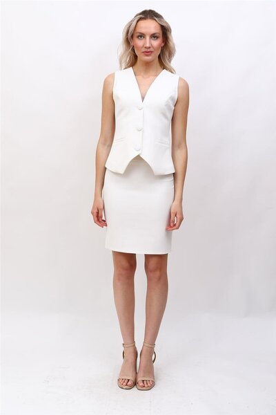 ÖNDER ÖZSOY Klasik Yelek & Kalem Etek Takım-Beyaz