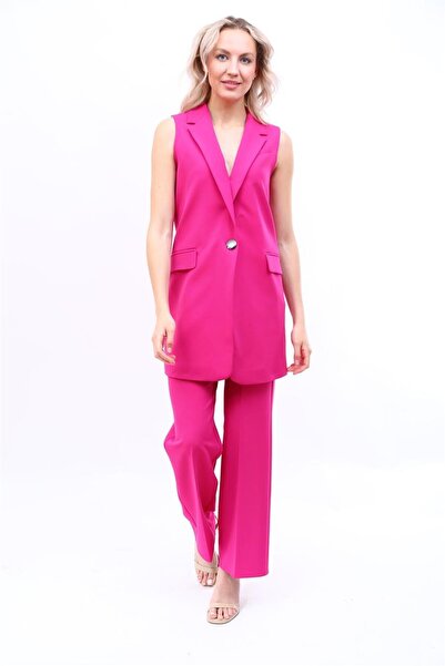 ÖNDER ÖZSOY Single Button Casual Vest & Wide Leg Pants Set - Fuchsia - 1519520