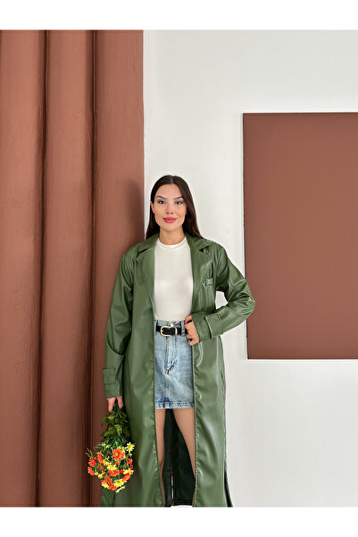 OTAKU Kadın Kruvaze Kapama Mevsimlik Suni Deri Trençkot