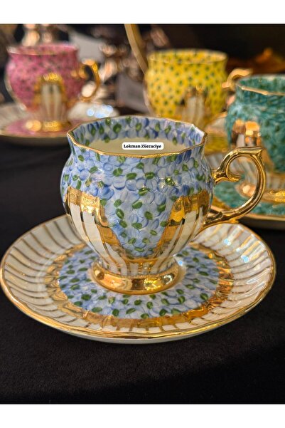 LOKMAN ZÜCCACİYE 6 KİŞİLİK EL BOYAMA 24K ORJİNAL ALTIN YALDIZLI RENKLİ KAHVE FİNCAN TAKIMI (MODEL4)