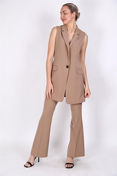 ÖNDER ÖZSOY One Button Casual Vest & Flared Trousers Set-Stone