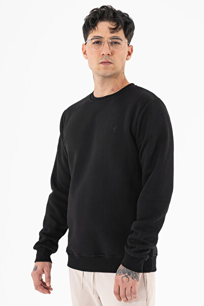 Souris Black Crew Neck Comfortable Fit 3 Thread Raised Men's Sweatshirt