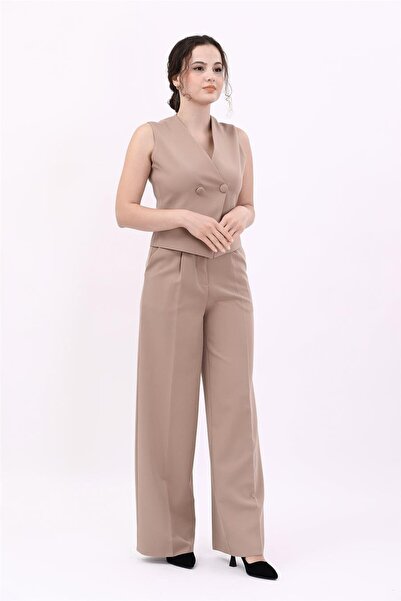 ÖNDER ÖZSOY Kruvaze Çapraz Yelek & Yüksek Bel Bol Paça Pantolon-Taş