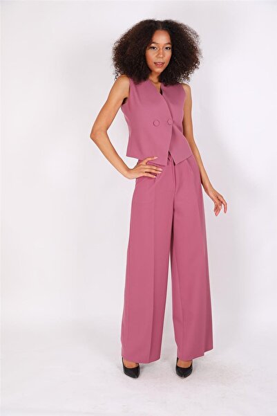 ÖNDER ÖZSOY Kruvaze Çapraz Yelek & Yüksek Bel Bol Paça Pantolon-Rose