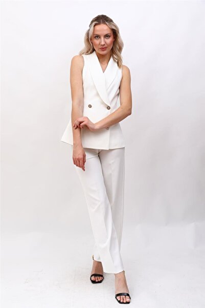 ÖNDER ÖZSOY Abiye Yelek & Bol Paça Pantolon Takım-Beyaz