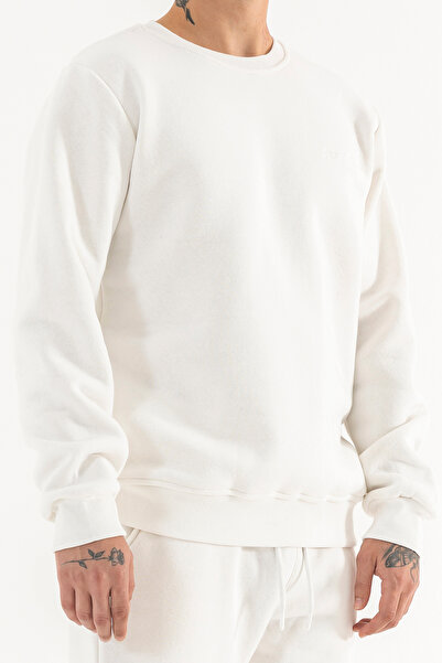 Souris Hanorac alb pentru bărbați, confortabil, cu gâtul rotund, cu 3 fire