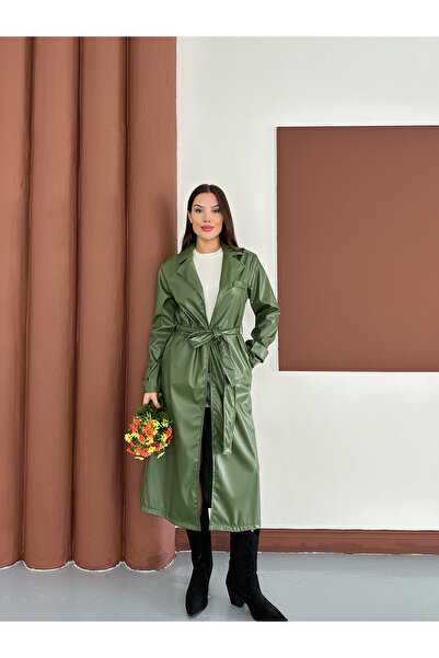 OTAKU Kadın Kruvaze Kapama Mevsimlik Suni Deri Trençkot