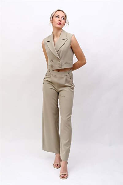 ÖNDER ÖZSOY Crop Yelek & Düğmeli Bol Paça Pantolon Takım-Bambu - 1524531
