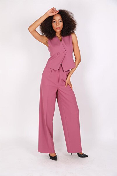 ÖNDER ÖZSOY Kruvaze Çapraz Yelek & Yüksek Bel Bol Paça Pantolon-Rose